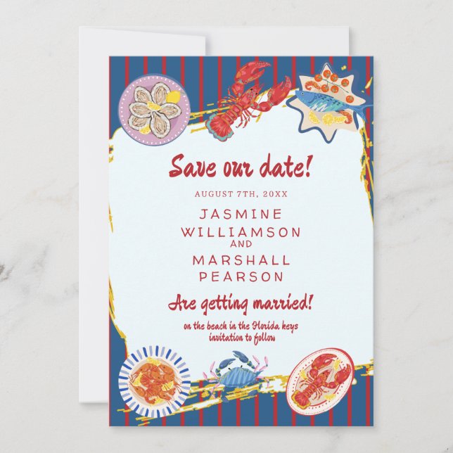 Nautical Seafood Stripe Save Our Date Inbjudningar (Framsida)