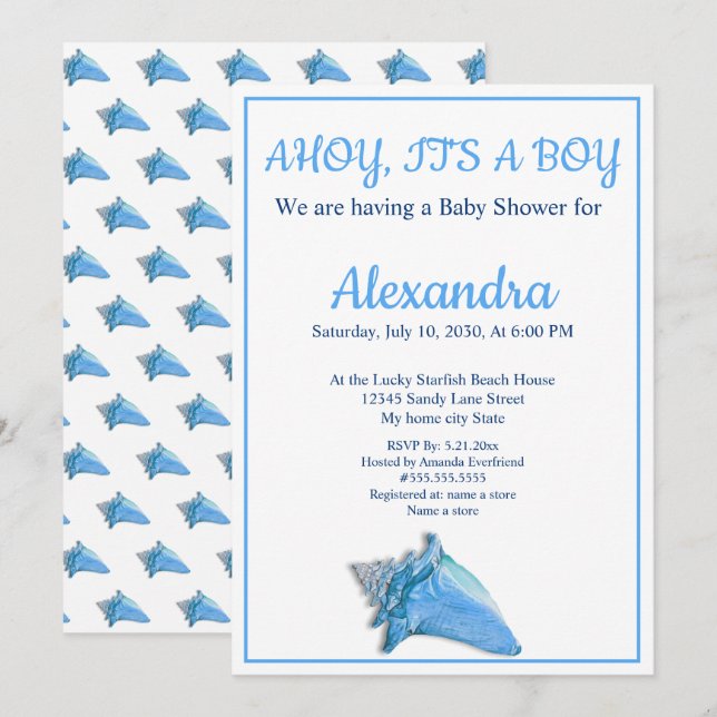 Nautical Seashell Blue Boy Shower-inbjudan Meddelande (Fram/baksida)