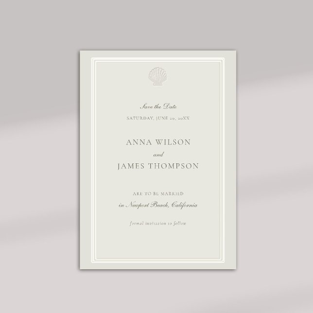 Nautical Seashell Classic Ecru Formal Bröllop Spara Datumet (formal wedding save the date nautical beach ocean modern classic ecru triple frame calligraphy type)