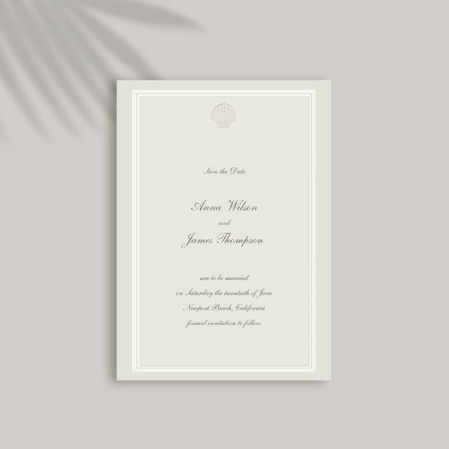 Nautical Seashell Classic Ram Formal Bröllop Spara Datumet (formal wedding save the date nautical beach ocean modern classic ecru triple frame calligraphy)