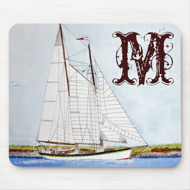 Nautical Segelbåt Sea Monogram Initial Mouse Pad Musmatta (Framsidan)