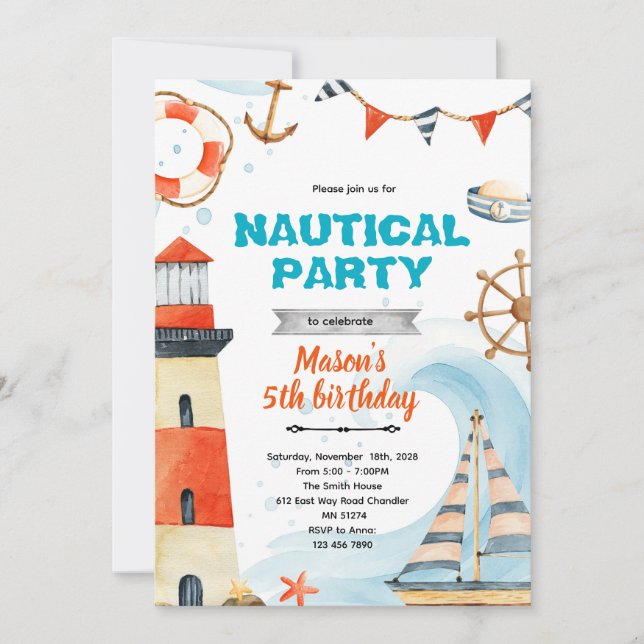 Nautical shower birthday party theme invite inbjudningar (Framsida)