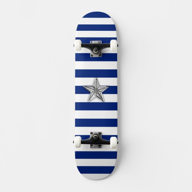 Nautical Silver Star på Blue Rand Skateboard Bräda 20 Cm (Framsida)