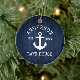 Nautical Sjö House Anchor Blue Wood Family Namn Julgransprydnad Keramik