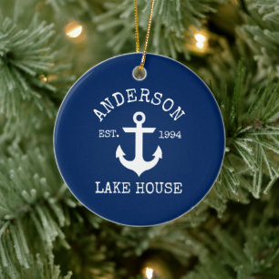 Nautical Sjö House Anchor Family Namn Blue Julgransprydnad Keramik