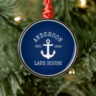 Nautical Sjö House Anchor Family Namn Blue Julgransprydnad Metall