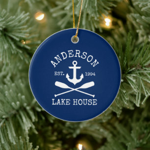 Nautical Sjö House Anchor Oars Family Namn Blue Julgransprydnad Keramik