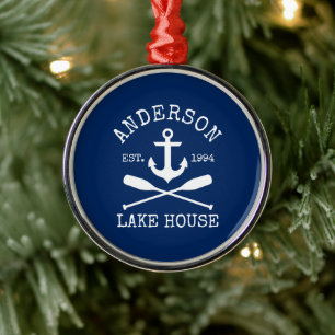 Nautical Sjö House Anchor Oars Family Namn Blue Julgransprydnad Metall