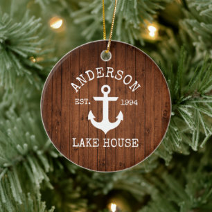Nautical Sjö House Anchor Wood Family Namn Julgransprydnad Keramik