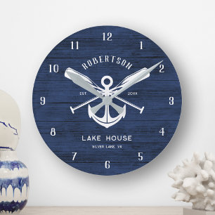 Nautical Sjö House Family Namn Anchor Blue Wood Rund Klocka