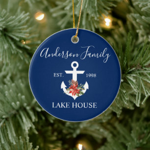 Nautical Sjö House Winter Blommigt Navy Blue Julgransprydnad Keramik