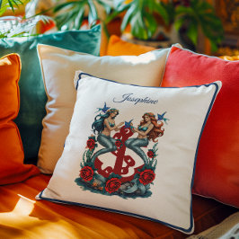 Nautical Sjöjungfru Blommigt Red Blue Kudde