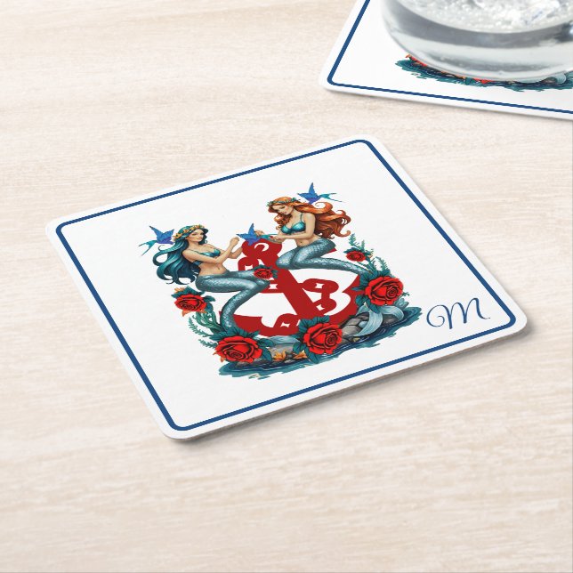 Nautical Sjöjungfru Blommigt Red Blue Underlägg Papper Kvadrat (Vinklad)