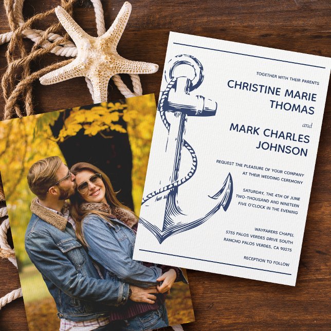 Nautical Sketch Anchor Photo Wedding bjudande Inbjudningar (Skapare uppladdad)