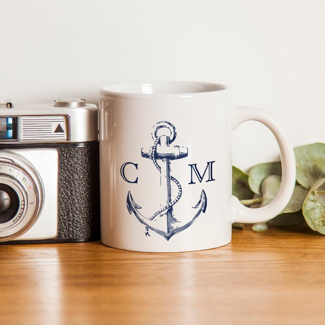 Nautical Sketch Navy Blue Anchor Monogram Kaffemugg (Nautical navy blue sketch anchor with monogram initials. Perfect for the beach lover.)