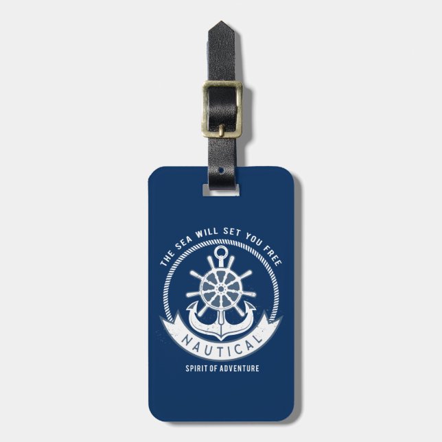 Nautical Spirit Anchor,Wheel, Navy Blue Bagagebricka (Vertikal Framsida)