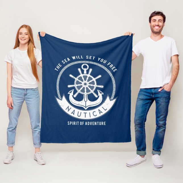 Nautical Spirit Anchor,Wheel, Navy Blue Fleecefilt (På plats)