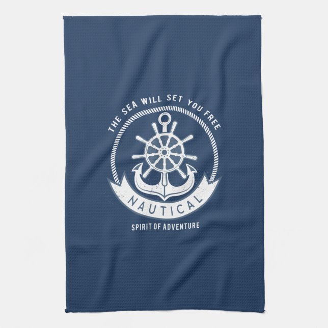 Nautical Spirit Anchor,Wheel, Navy Blue Kökshandduk (Vertikal)