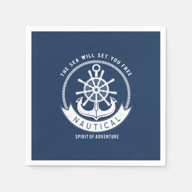 Nautical Spirit Anchor,Wheel, Navy Blue Pappersservett (Framsidan)