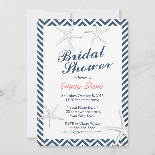 Nautical Starfish Chevron Rand Möhippa Inbjudningar (Framsida)