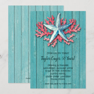 Nautical Starfish Coral on Turquise Wood Inbjudnin