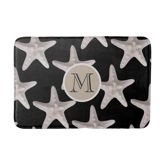 Nautical Starfish Mönster Black Beige Monogram Badrumsmatta (Framsidan)