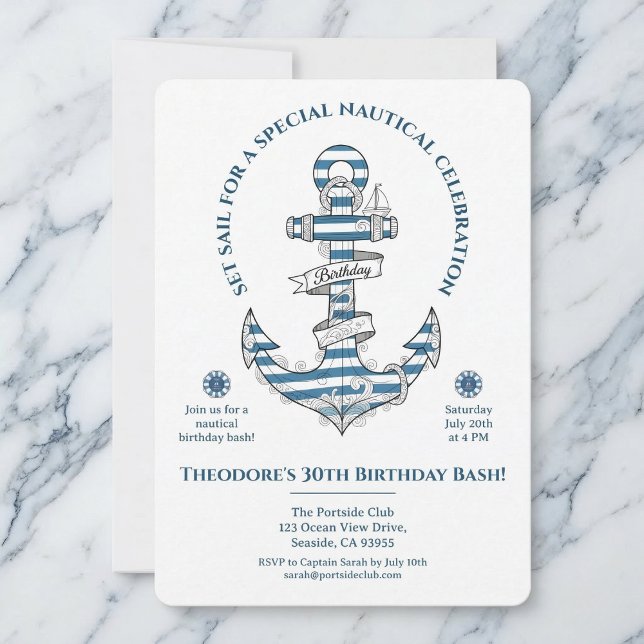Nautical Striped Anchor Birthday Party Invitation Inbjudningar (Coastal vibes for your special day.)