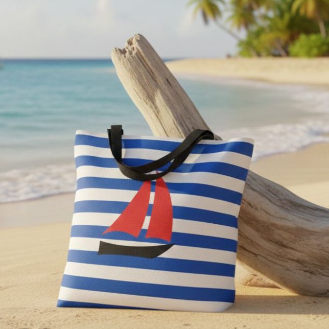 nautical striped tote bag, tote bag with sailboat  tygkasse (Skapare uppladdad)