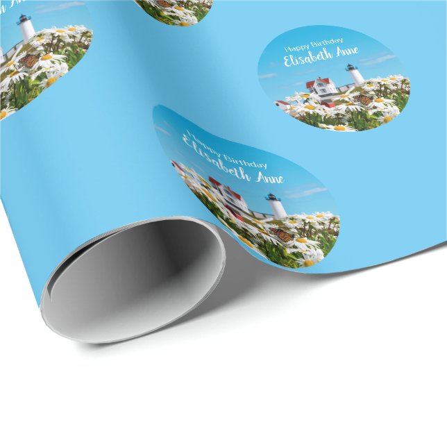Nautical Summer Birthday Nubble Maine Lighthouse Presentpapper (Rullad Hörn)