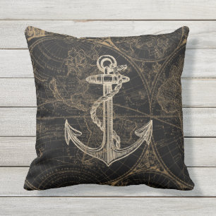 Nautical Tan Anchor on Black Vintage World Map Kudde