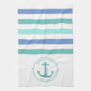 Nautical Teal Anchor Blue White Rand-familjen Namn Kökshandduk