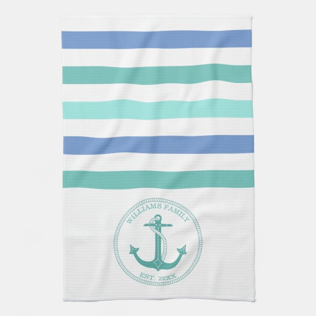 Nautical Teal Anchor Blue White Rand-familjen Namn Kökshandduk (Vertikal)