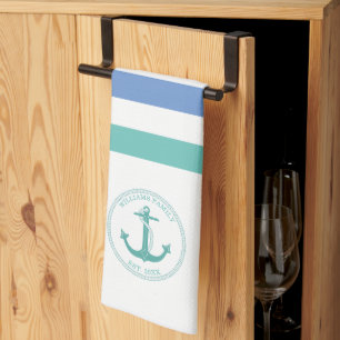 Nautical Teal Anchor Blue White Rand-familjen Namn Kökshandduk