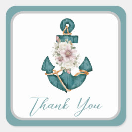 Nautical Teal Aqua Turcos Blue Blommigt Anchor Fyrkantigt Klistermärke