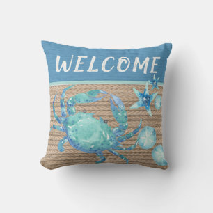 Nautical Teal Blue Crab Starfish Sand Dollar Rope Kudde