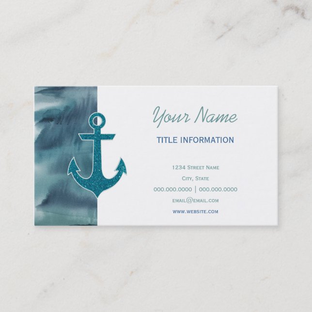 Nautical Teal Watercolor Glitter Anchor Visitkort (Framsida)