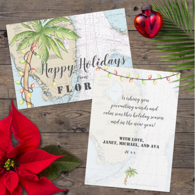 Nautical Tropical Glad helg från Florida Julkort (Cute Customized Tropical Florida Holiday Cards with Watercolor Design Elements)
