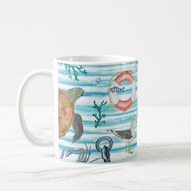 Nautical Turtles Seagul Starfish Mönster Kaffemugg (Vänster)