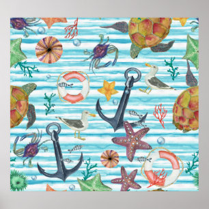 Nautical Turtles Seagul Starfish Mönster Poster