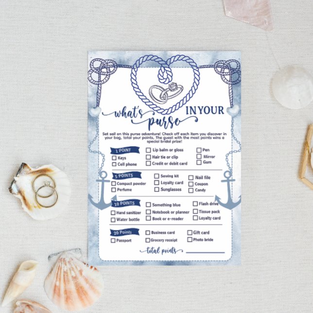 Nautical Vad har du i väskan Bröllopslek för brude Inbjudningar (Nautical What in Your Purse Game wedding activities fun beach theme anchor cord  digital download   )