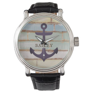 Nautical Vintage Anchor on Wood Kapten Sailor Armbandsur
