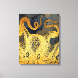 Nautical Vintage Guld Octopus Black Bläck Watercol Canvastryck