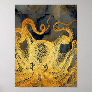 Nautical Vintage Guld Octopus Black Bläck Watercol Poster