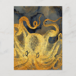 Nautical Vintage Guld Octopus Black Bläck Watercol Vykort