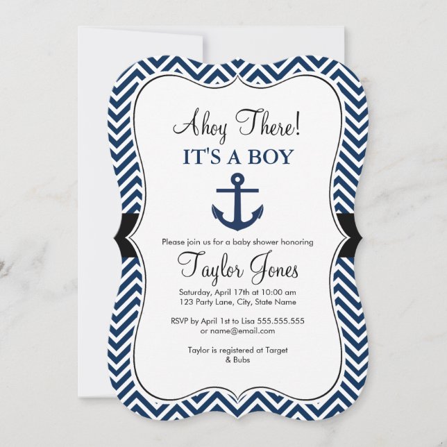 Nautical Vit & Marin Baby Shower Inbjudan (Framsida)