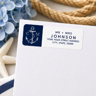 Nautical Vit Skiss Ankare Navy Monogram Returadress Etikett
