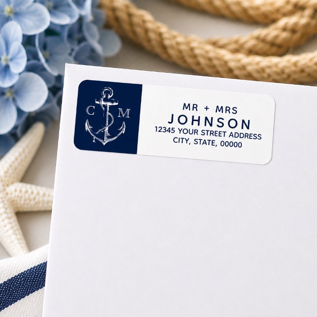 Nautical Vit Skiss Ankare Navy Monogram Returadress Etikett (Navy nautical sketch anchor address labels for the couple.
)