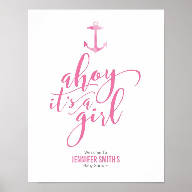 Nautical Watercolor Anchor Rosa Baby Shower Welcom Poster (Framsidan)