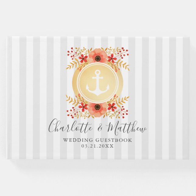 Nautical Watercolor Blommig Guld Ankar Bröllop Gästböcker (Framsida)