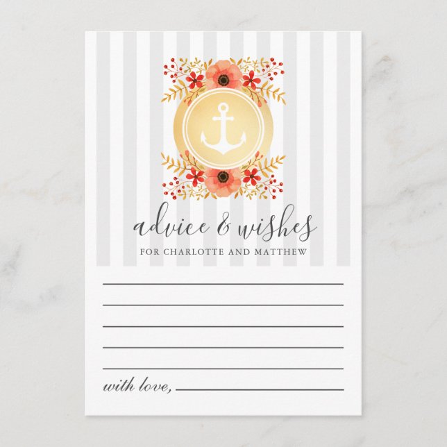 Nautical Watercolor Blommigt Guld Anchor Bröllop Rådkort (Framsida)